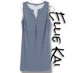 Ellie Kai Blue White Geometric Sleeveless Shift Dress Stretch Size 12 Travel